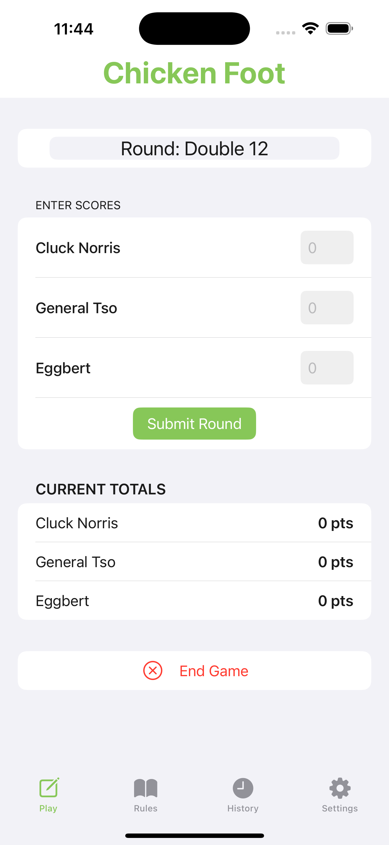 Chicken Foot App – Entering Scores