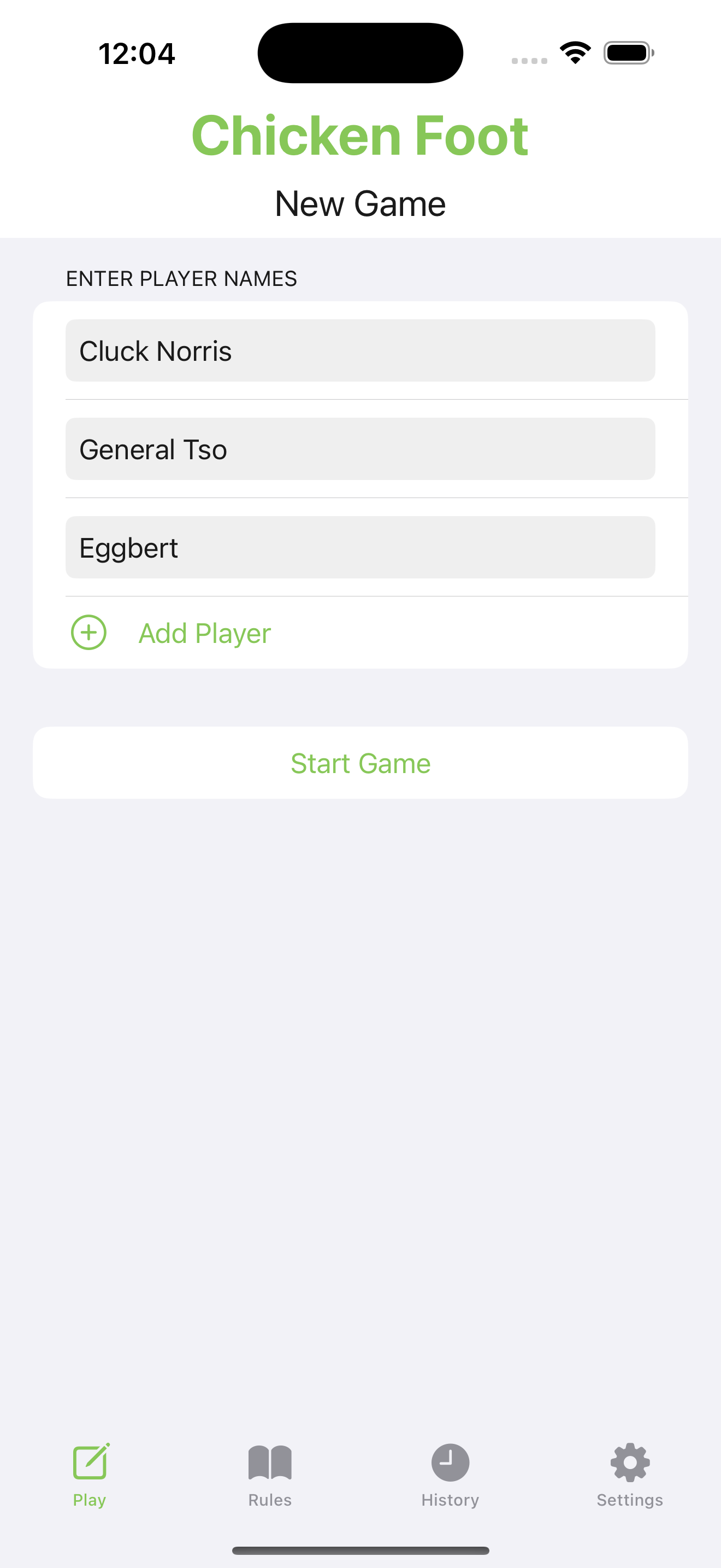 Chicken Foot App – Entering Players