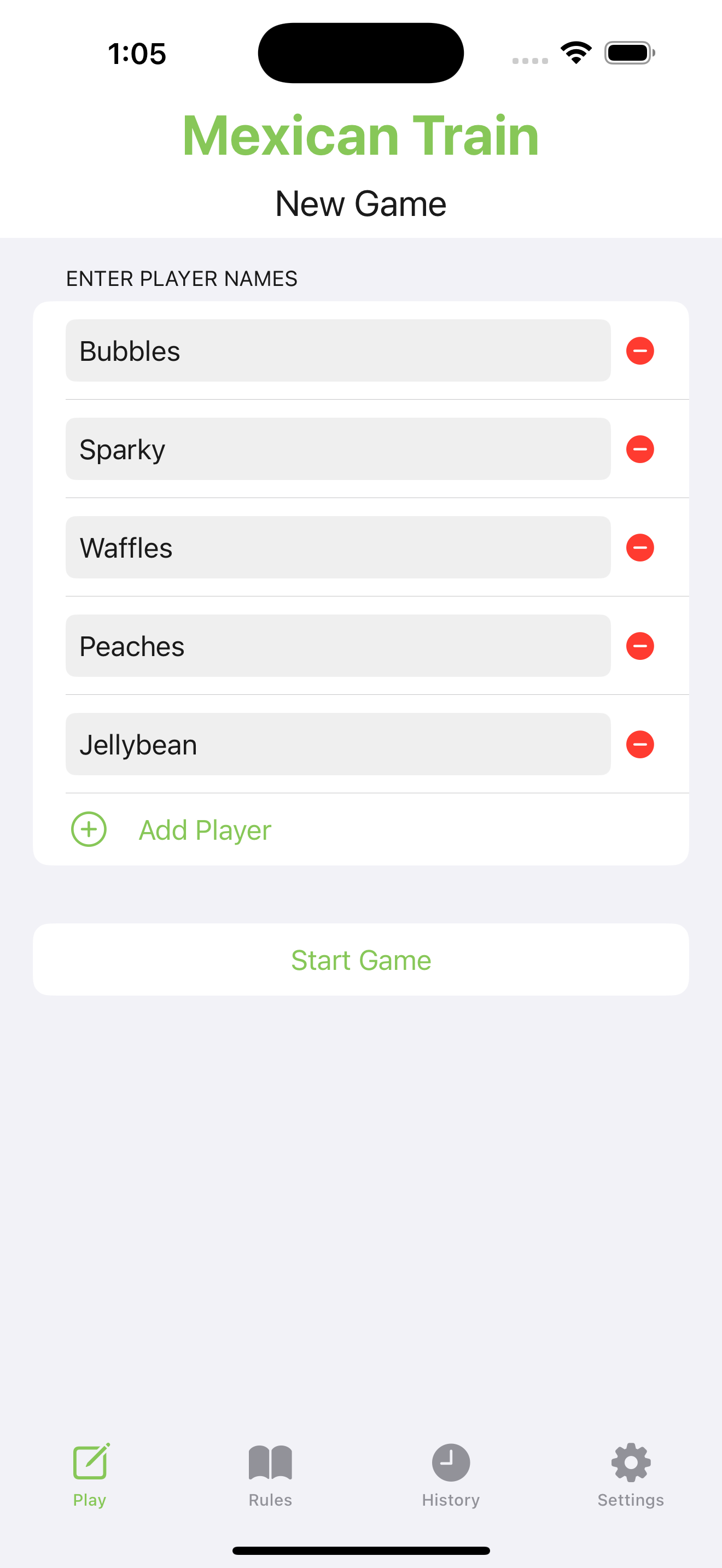 Mexican Train App – Entering Players