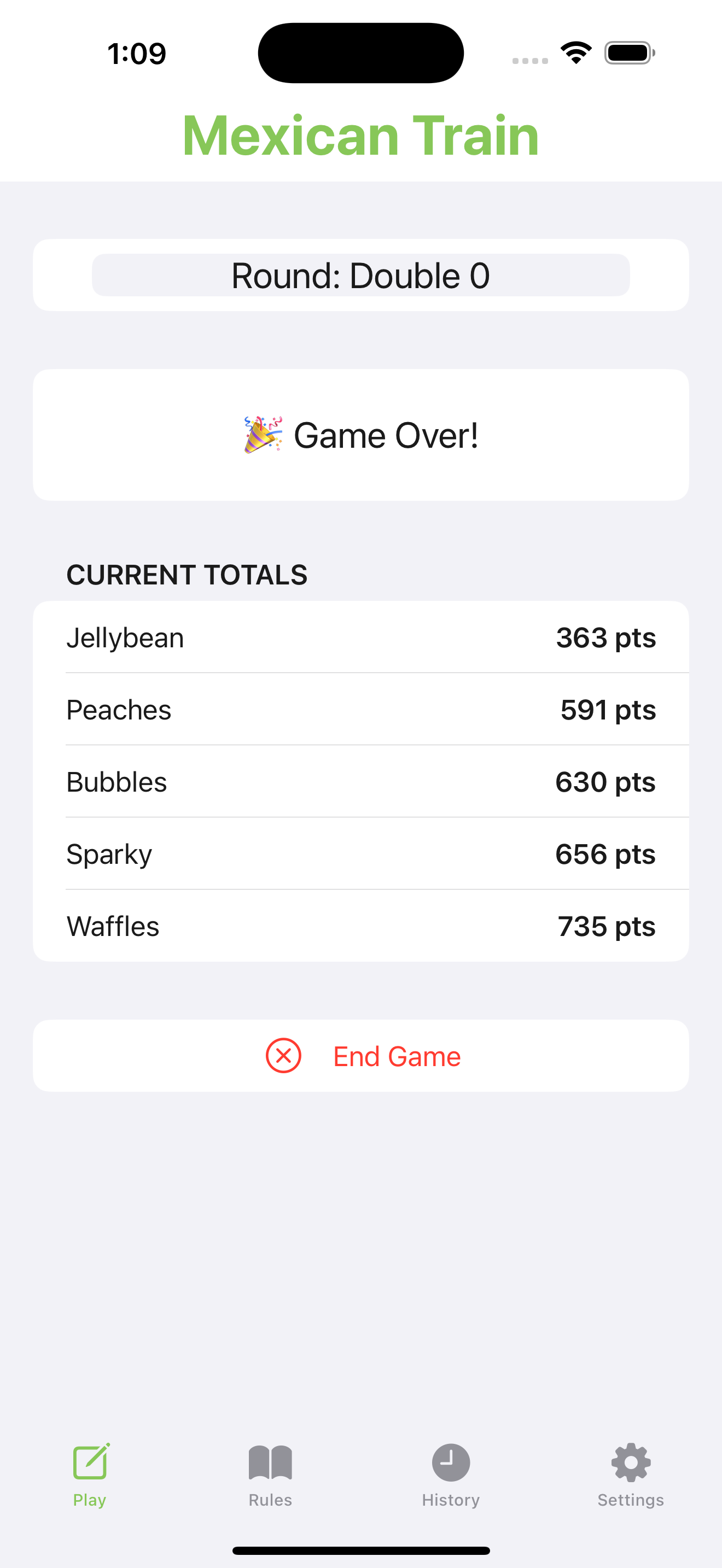 Mexican Train Game Over Screen