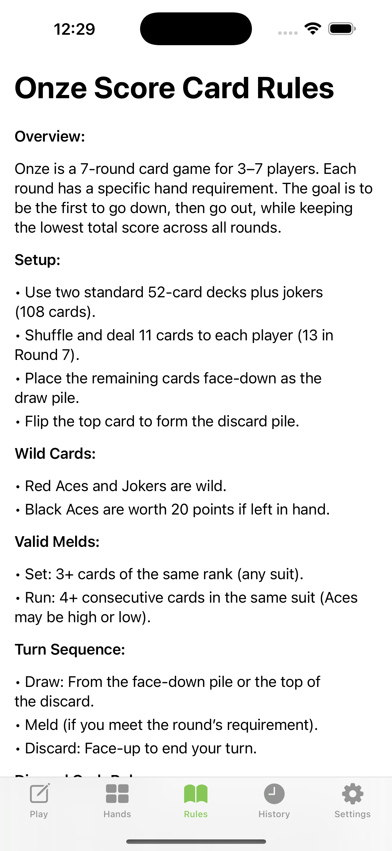 Onze Game Rules Screen